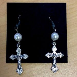 Silver and pearl cross earrings